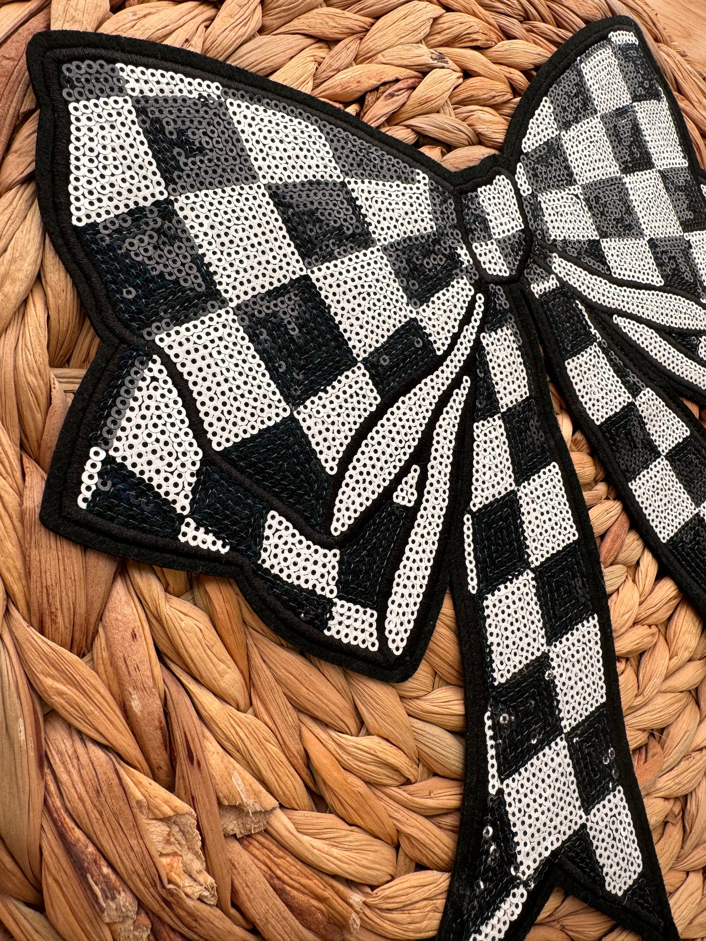 Black and White Checkered Bow Sequin Patch