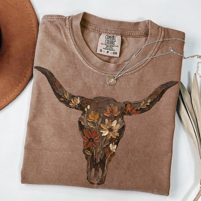Brushstroke Floral Western Cow Skull
