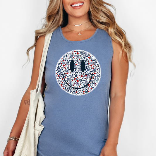 Red White Blue Floral Smiley