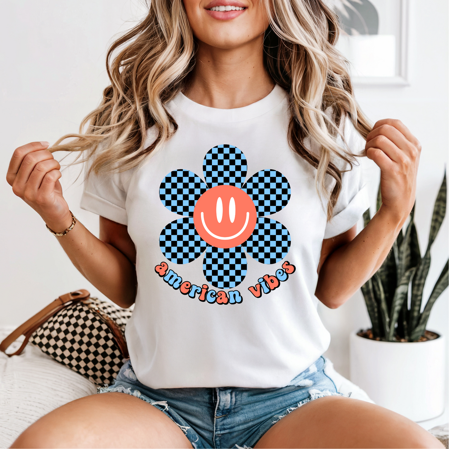 American Vibes Checkered Smiley Flower