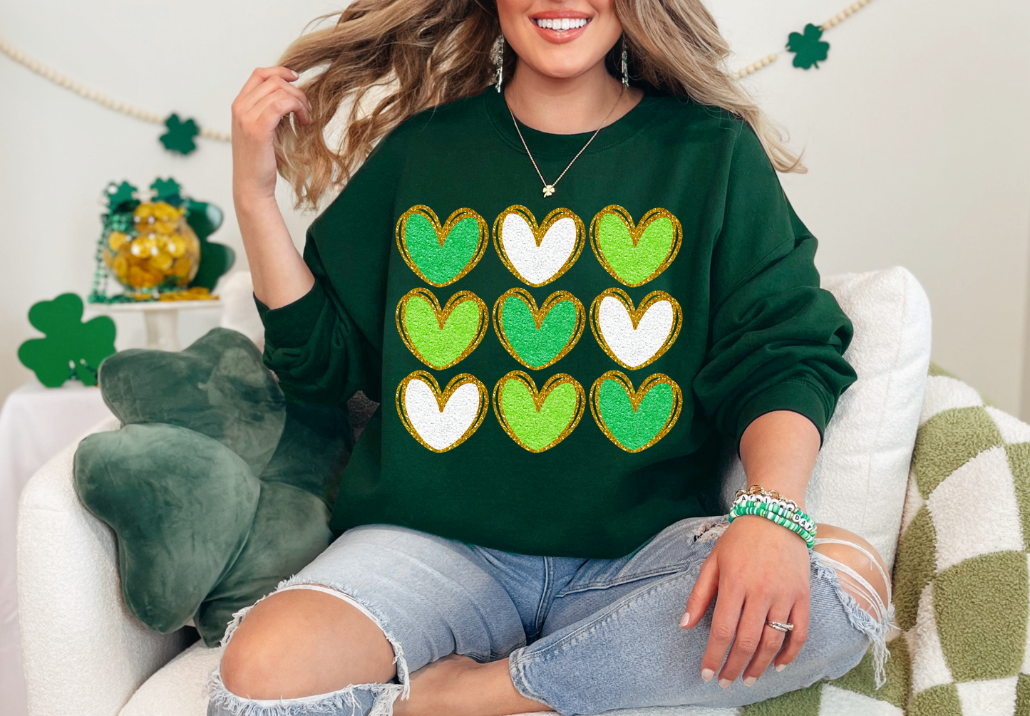 Faux Chenille Green Hearts