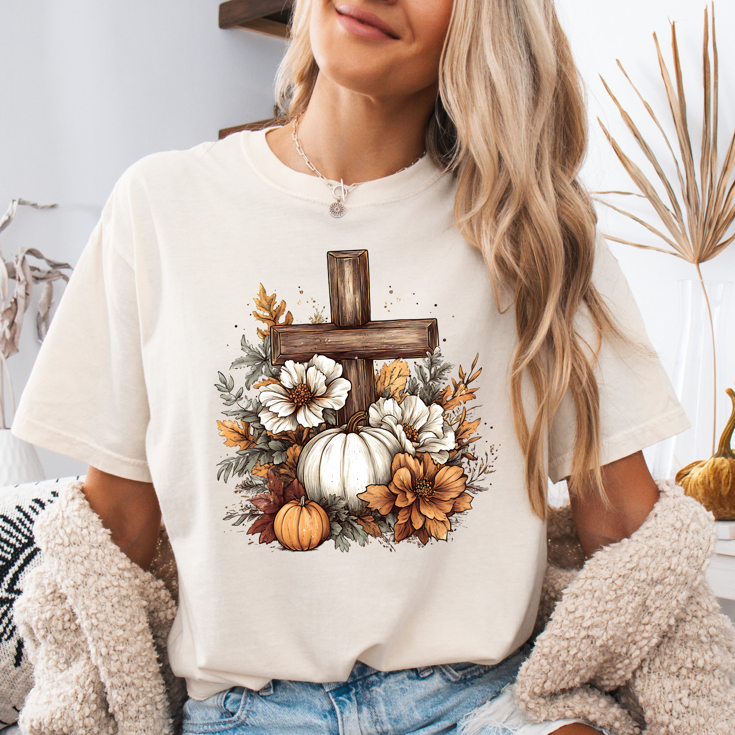 Wood Cross Floral Pumpkins