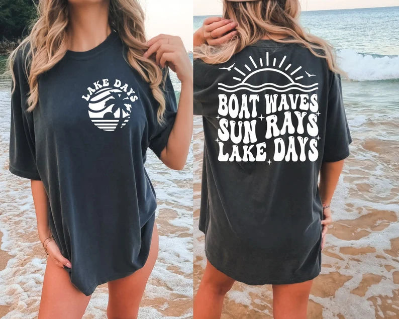 Boat Waves Sun Rays Lake Days (white)