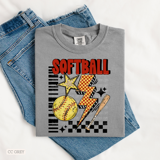 Softball Mama Checkered Lightning Bolt
