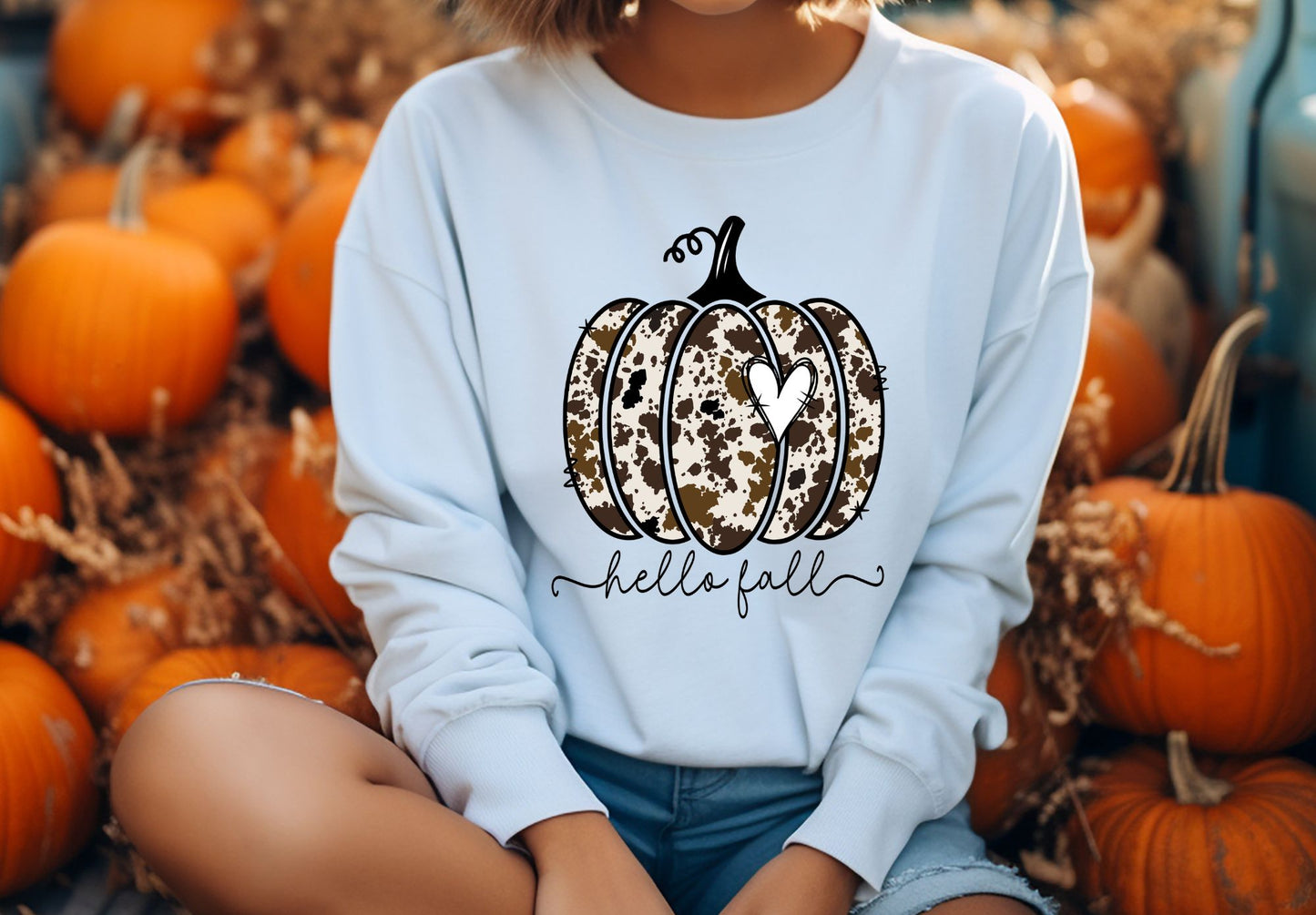 Hello Fall Cowhide Pumpkin