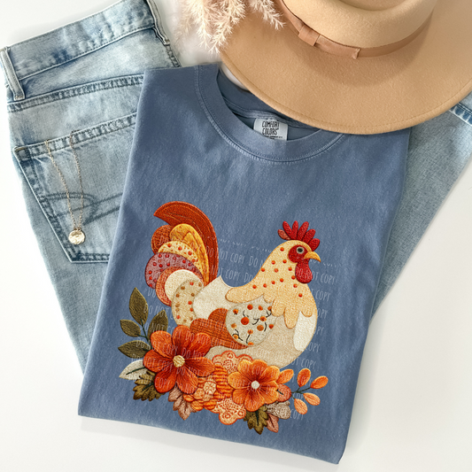 Faux Embroidery Floral Rooster