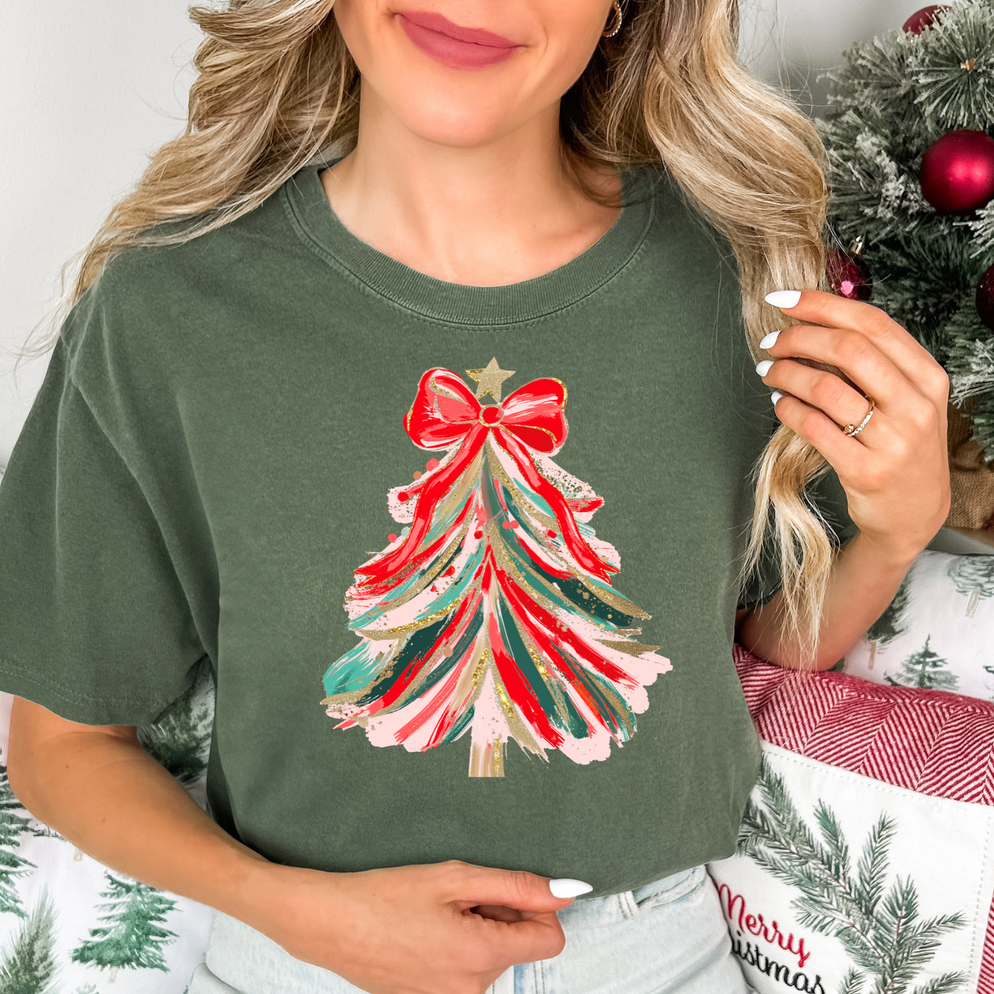 Christmas Brushstroke Red Bow Tree